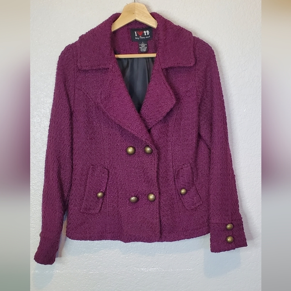 Boy Meets Girl Wool Blend Purple Tweed Double-Breasted Jacket Peacoat Size Small